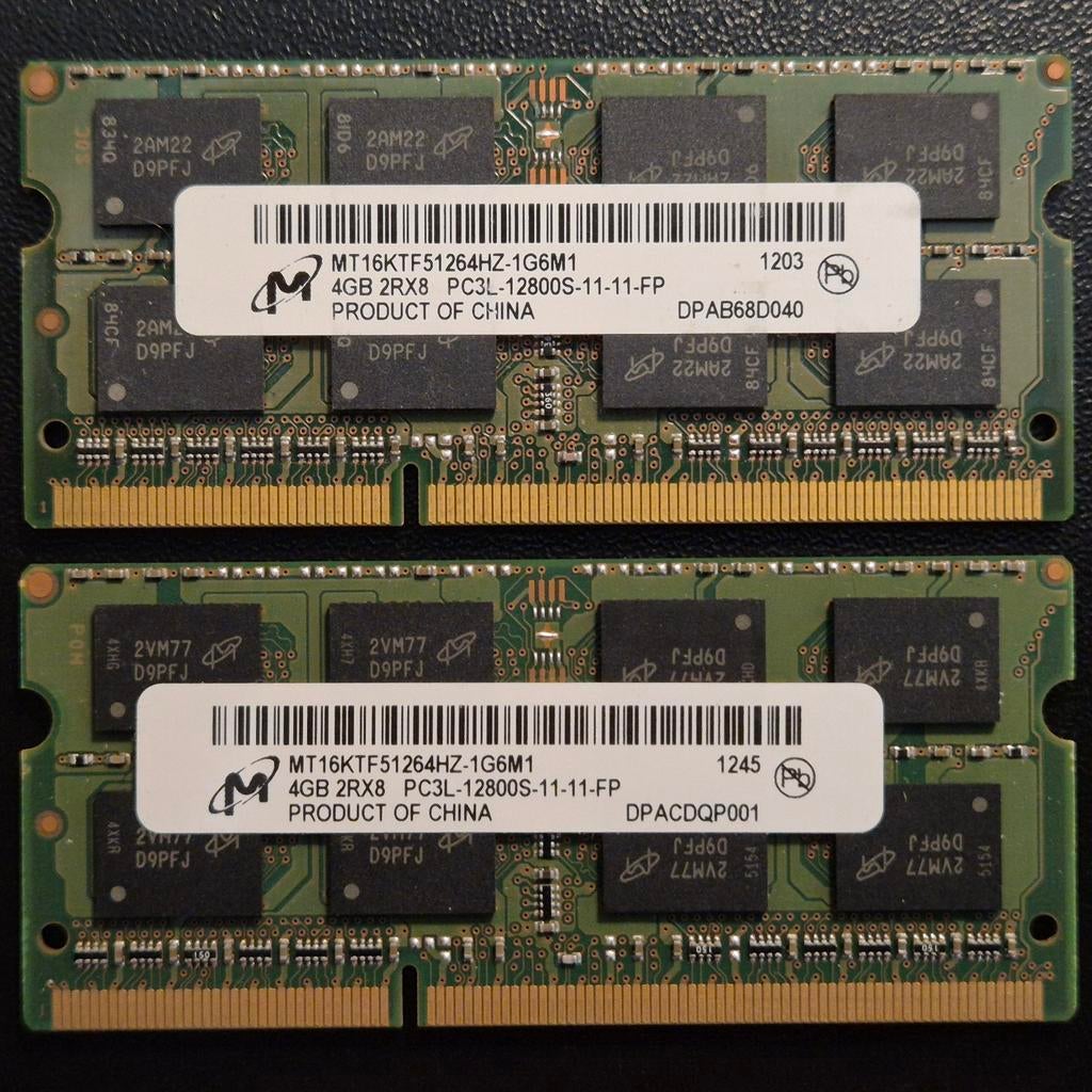 Micron 8GB (2x 4GB) DDR3L PC3L-12800S - Laptop geheugen, Computers en Software, RAM geheugen, Gebruikt, 8 GB, DDR3, Ophalen of Verzenden
