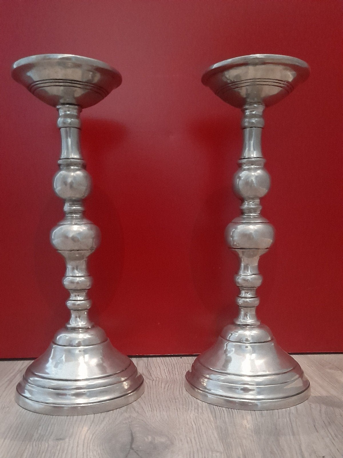 Antieke tinnen kandelaars 95% tin, 39 cm hoog, Ophalen of Verzenden, Koper of Brons