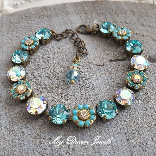Armband Vintage Flower Turquoise/Aquamarine met Swarovski Cr, Met kristal, Overige materialen, Nieuw, Verzenden