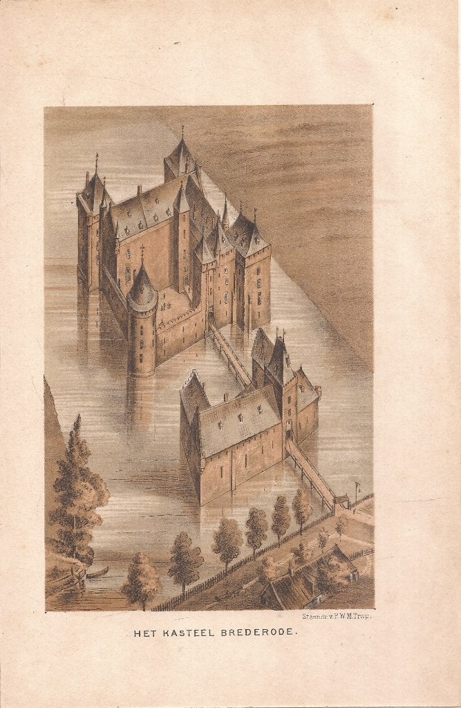 Het Kasteel Brederode steendruk Trap 1883 naar W.J Hofdijk., Antiek en Kunst, 1800 - 1899, Architectuur, 19 cm, Ophalen of Verzenden