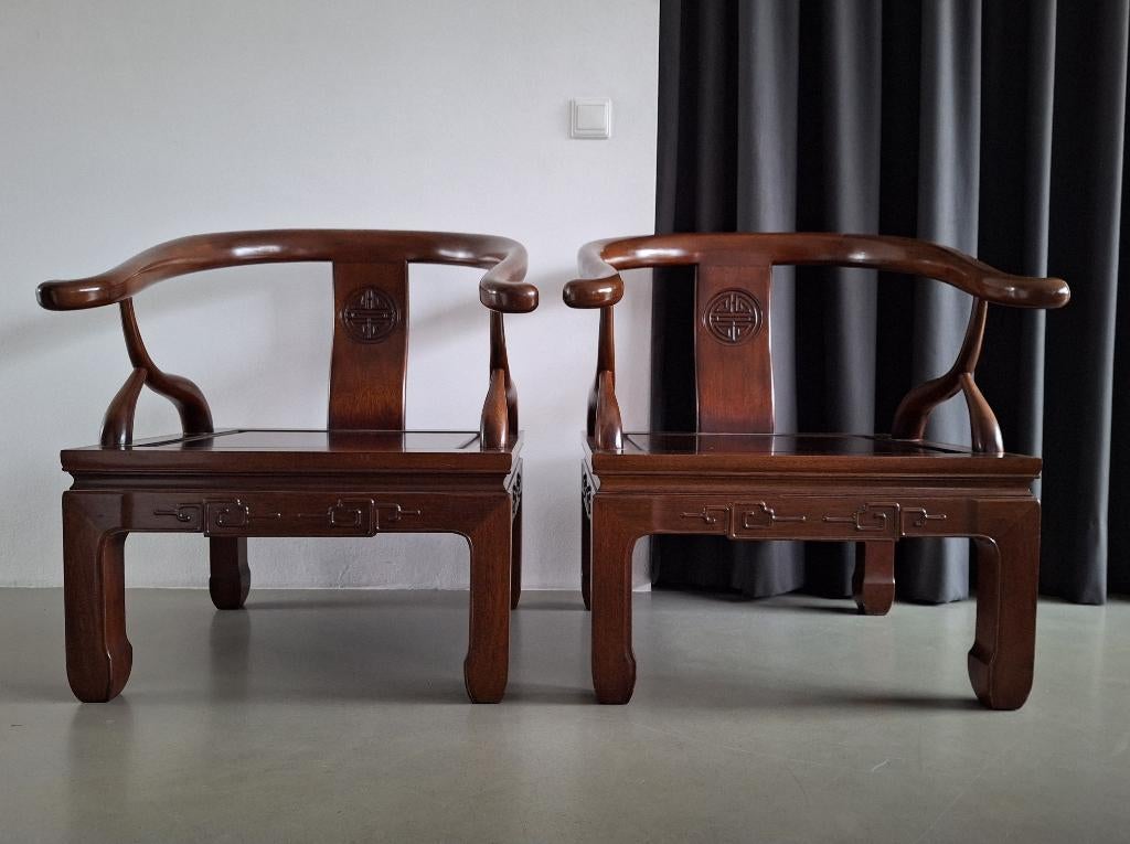 vintage paar traditionele Chinese houten hoefijzer-stoelen, Ophalen, Gebruikt, Minder dan 75 cm, Oosters