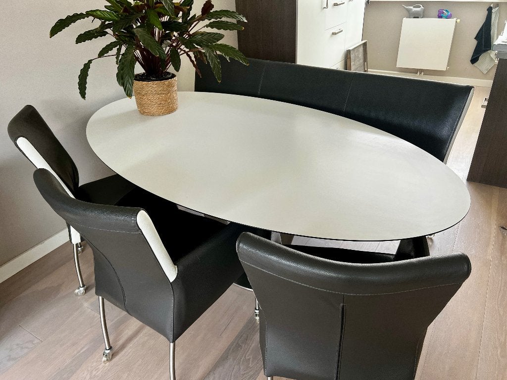 Ovale eetkamertafel 6 personen RVS onderstel leren stoelen, Huis en Inrichting, Tafels | Eettafels, Ophalen, Gebruikt, 100 tot 150 cm