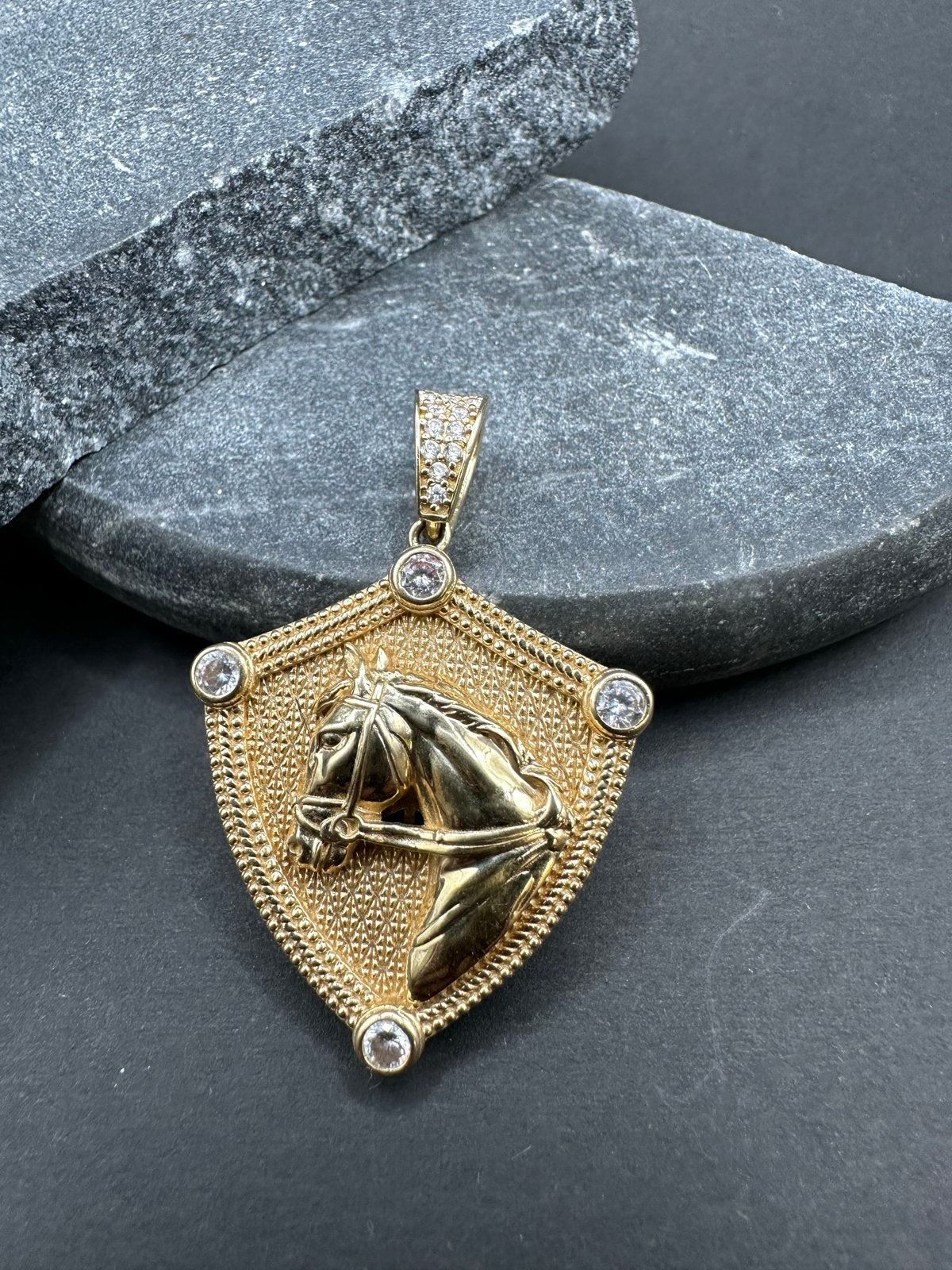 14k Gouden Paard Hanger met Zirkonia, Ophalen of Verzenden, Zo goed als nieuw, Met strass, Goud