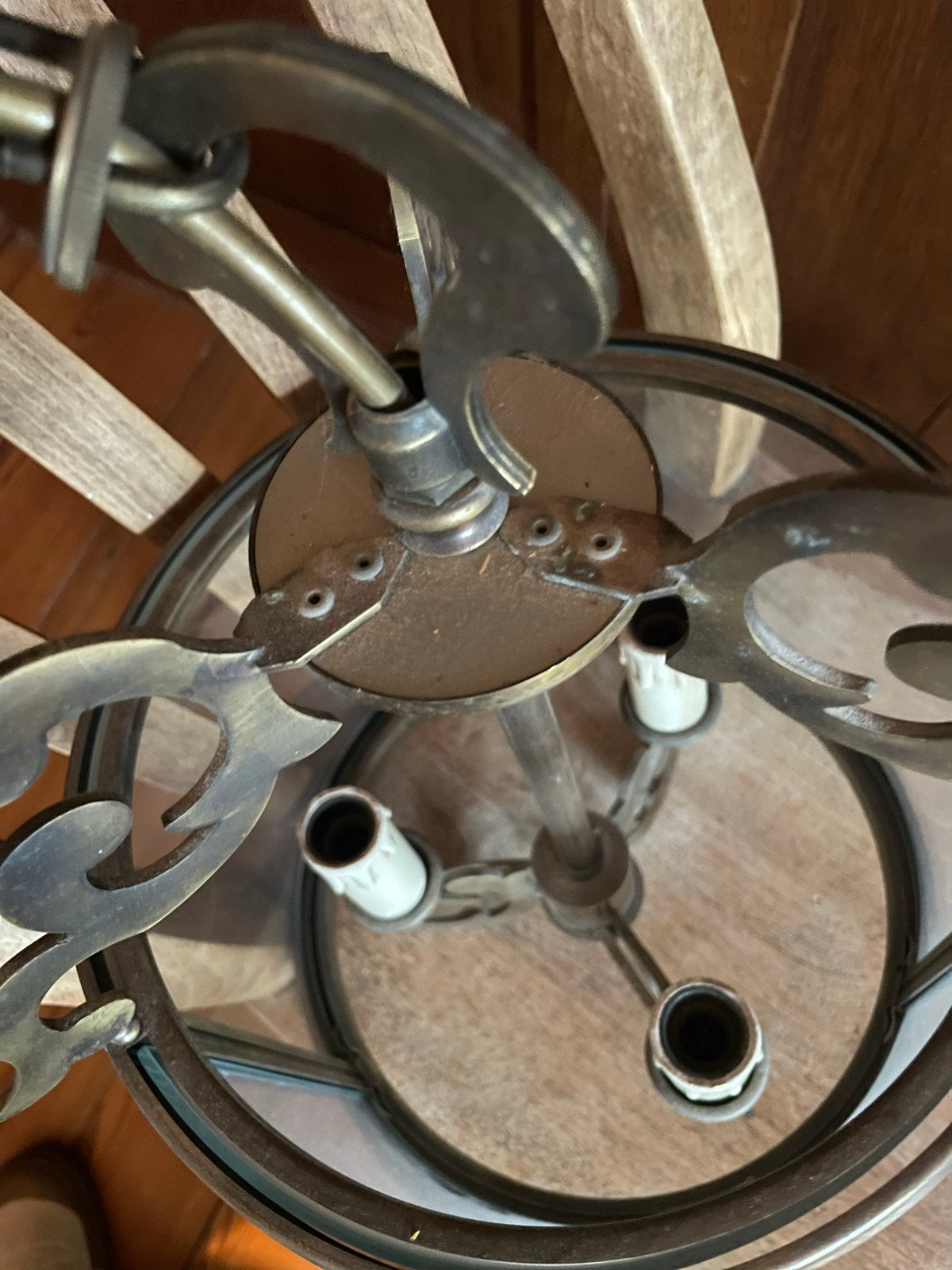 Klassieke bronzen hanglantaarn met 3 lichtpunten, Ophalen, Gebruikt, Glas