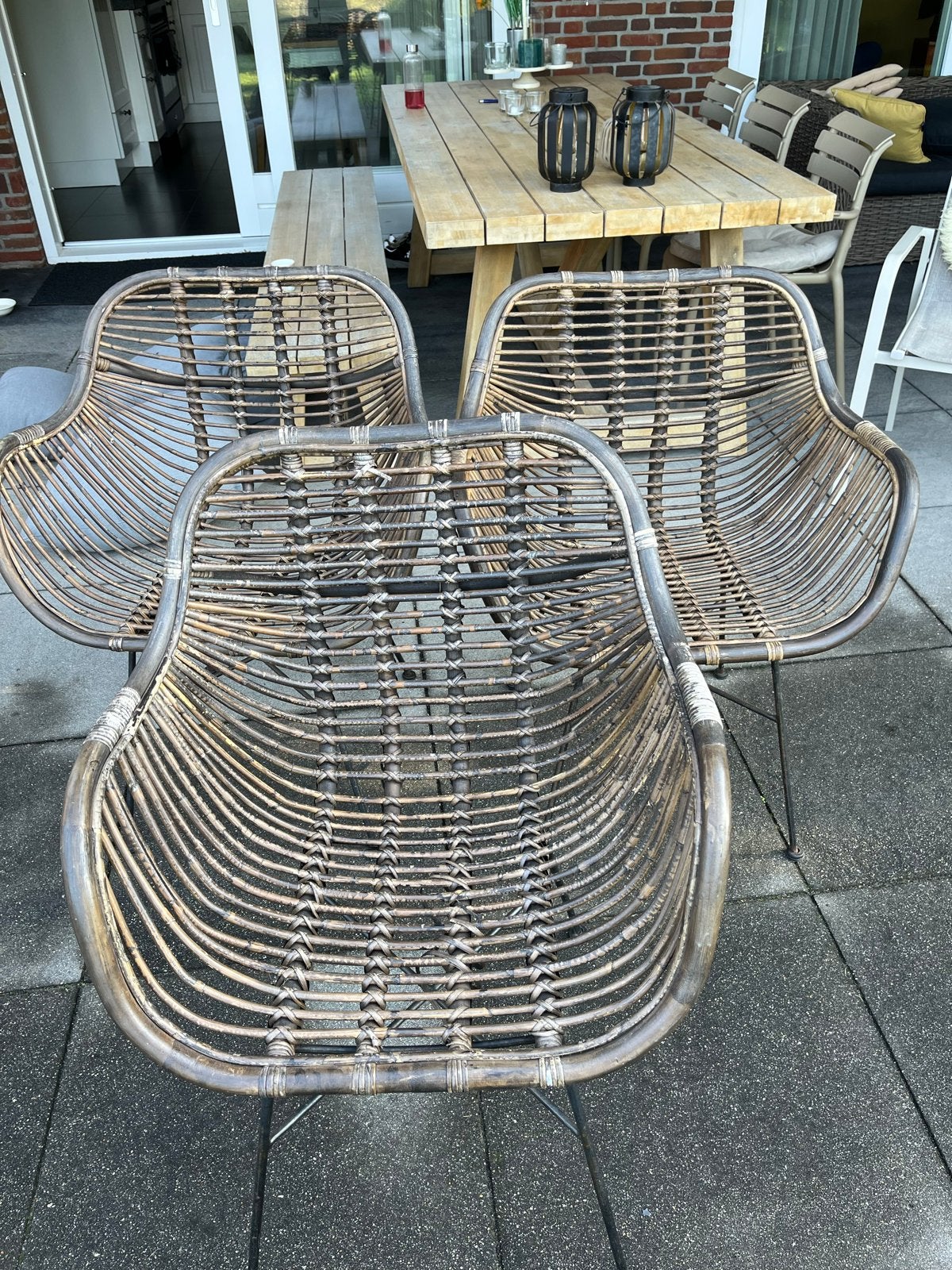 Set van 3 rotan tuinstoelen, Ophalen, Gebruikt, Rotan