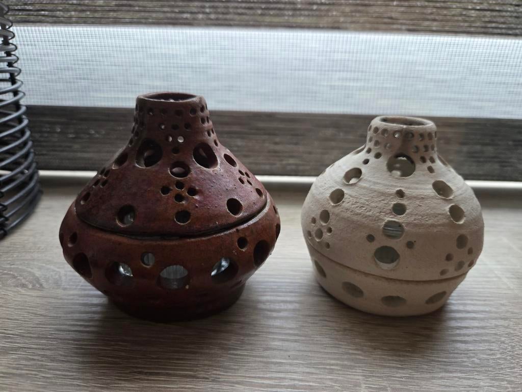 Set van 2 waxinelichthouders - handgemaakt, Overige materialen, Gebruikt, Ophalen of Verzenden, Bruin