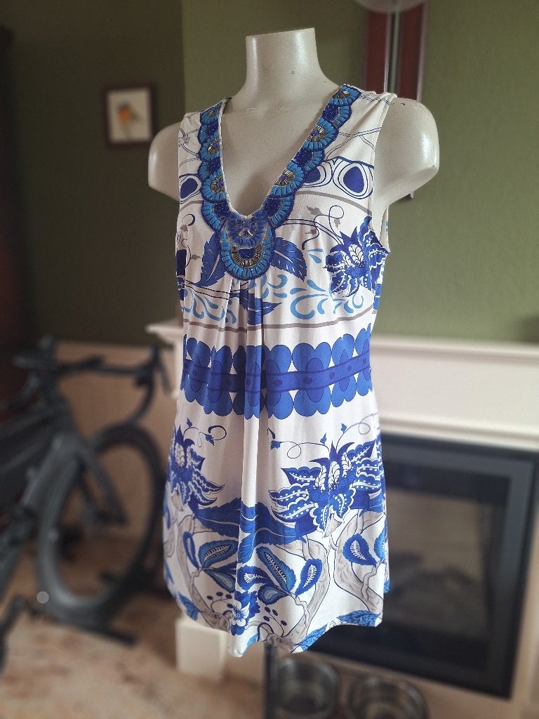 K-Design top tuniek blauw witte mooie halslijn L, K-design, Maat 42/44 (L), Zo goed als nieuw, Verzenden