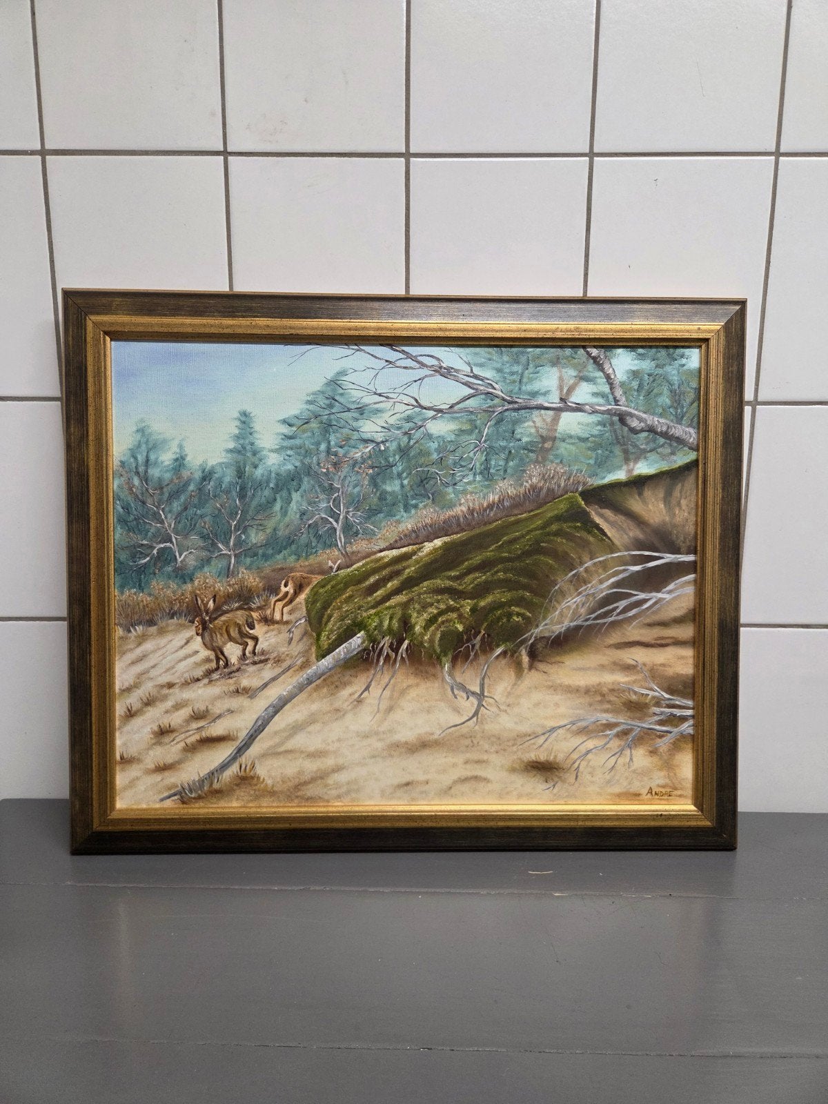 olieverf schilderij met lijst bos en dieren, Ophalen, Minder dan 50 cm, Schilderij