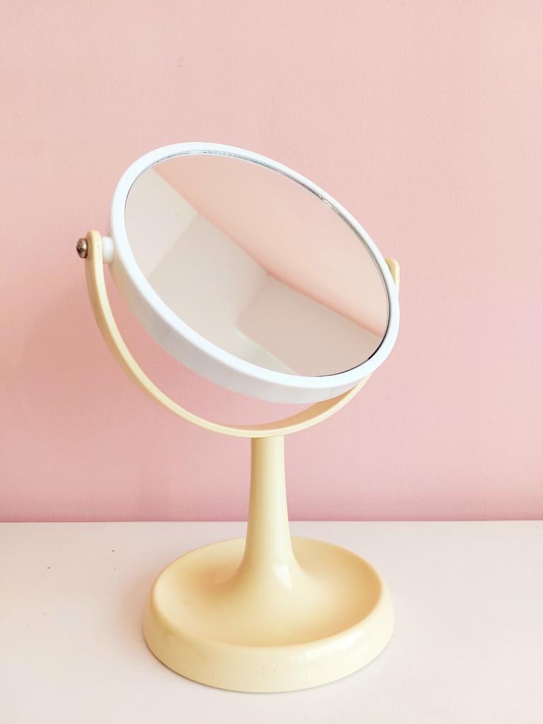 Vintage make-up spiegel op voet, crème/wit - tafelspiegel, Huis en Inrichting, Woonaccessoires | Spiegels, Minder dan 50 cm, Rond