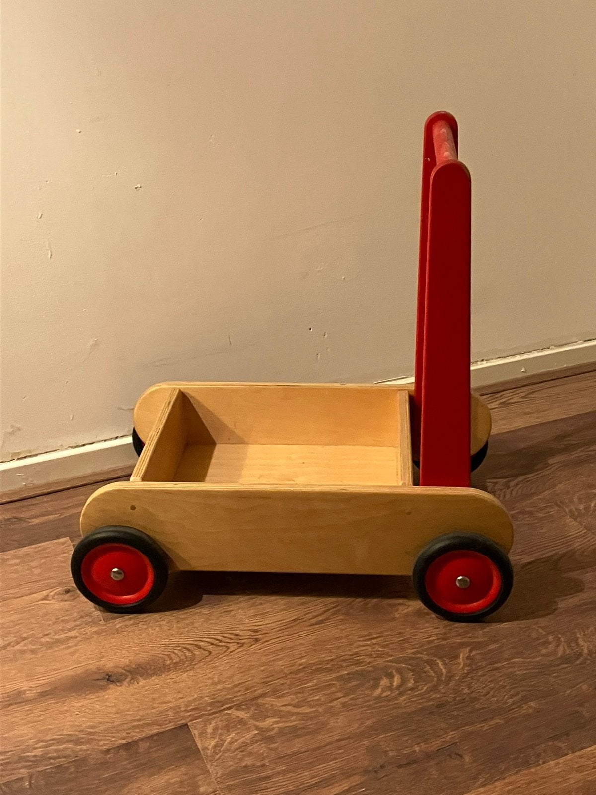 Van dijk toys houten duwkar loopwagen rood blokkenkar, Ophalen, Zo goed als nieuw