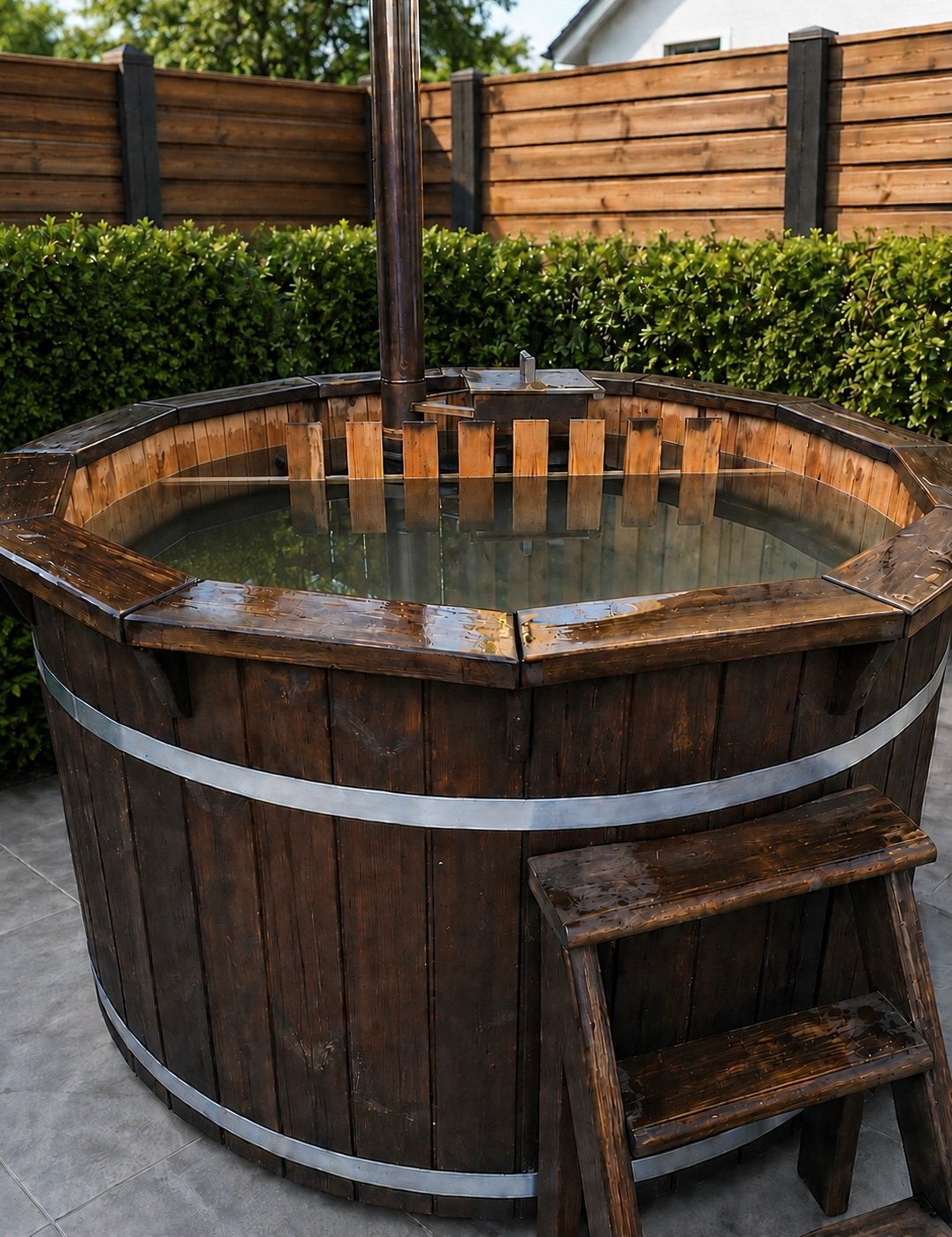 Houten hottub spa 200 cm – RVS kachel + hout – waterdicht, Tuin en Terras, Bubbelbaden en Hottubs, Ophalen, Gebruikt, Trap, Vast