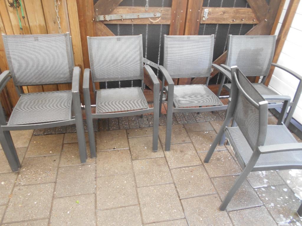 6 aluminium tuinstoelen nog prima te gebruiken, Tuin en Terras, Tuinstoelen, Ophalen, Gebruikt, Aluminium, Stapelbaar