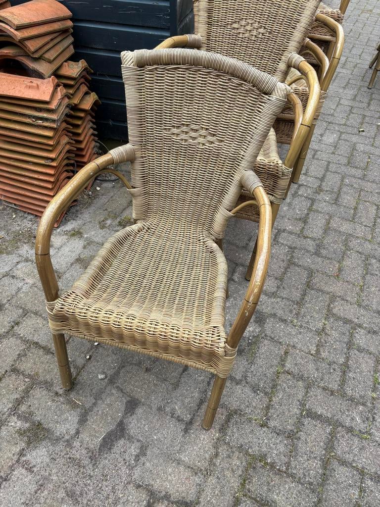 35 Gebruikte Horeca Terrasstoelen van Riet - Stapelbaar, Ophalen of Verzenden, Gebruikt, Stapelbaar