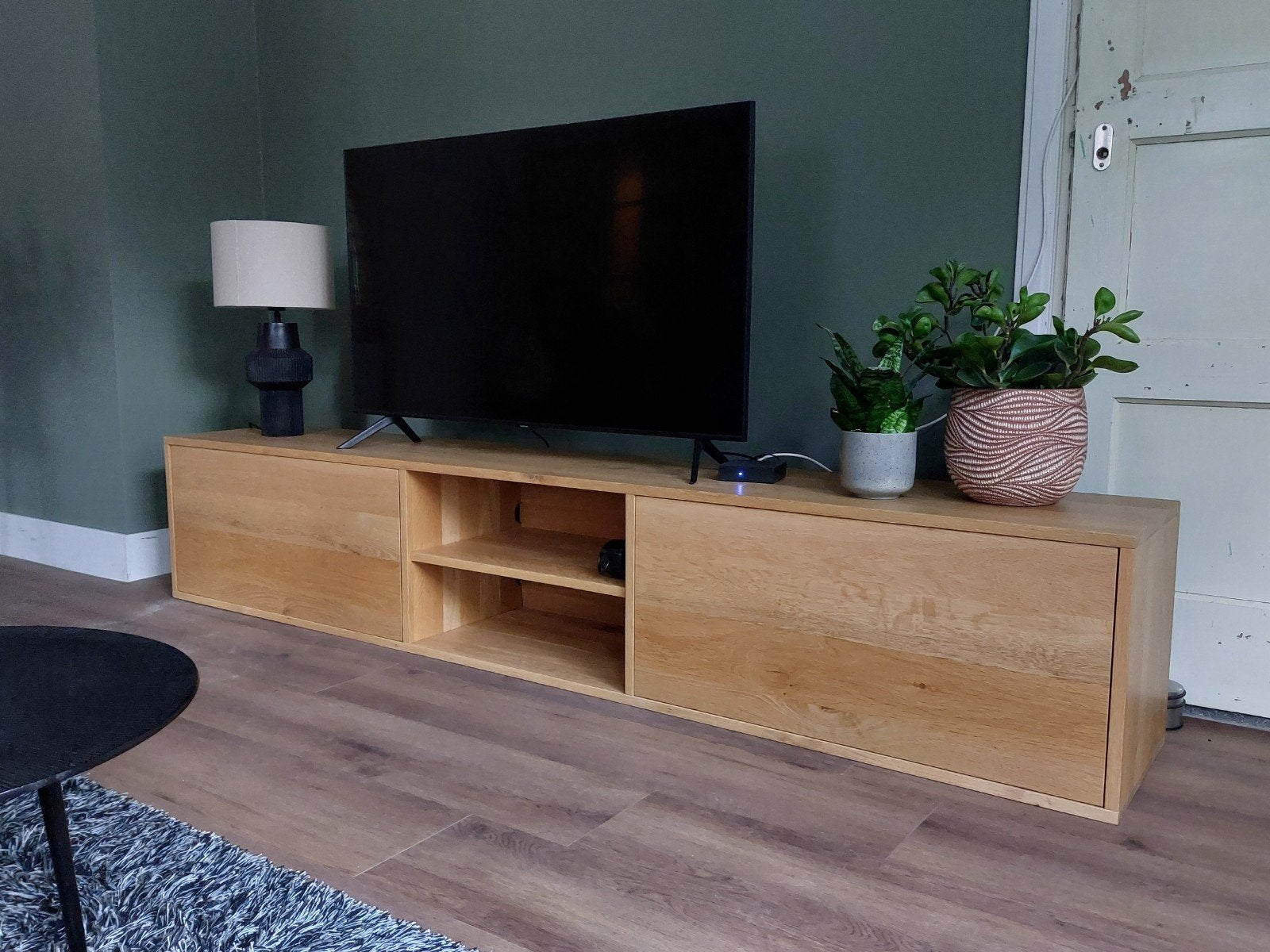 Eikenhouten TV meubel 240cm met lades massief eiken zwevend, Ophalen, Eikenhout, 200 cm of meer, Minder dan 100 cm
