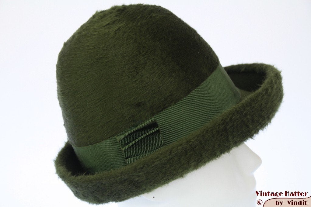 Kleine Vintage Cloche dophoed La Familiare donkergroen 53-54, Gebruikt, Meisje, Hoed, Ophalen of Verzenden