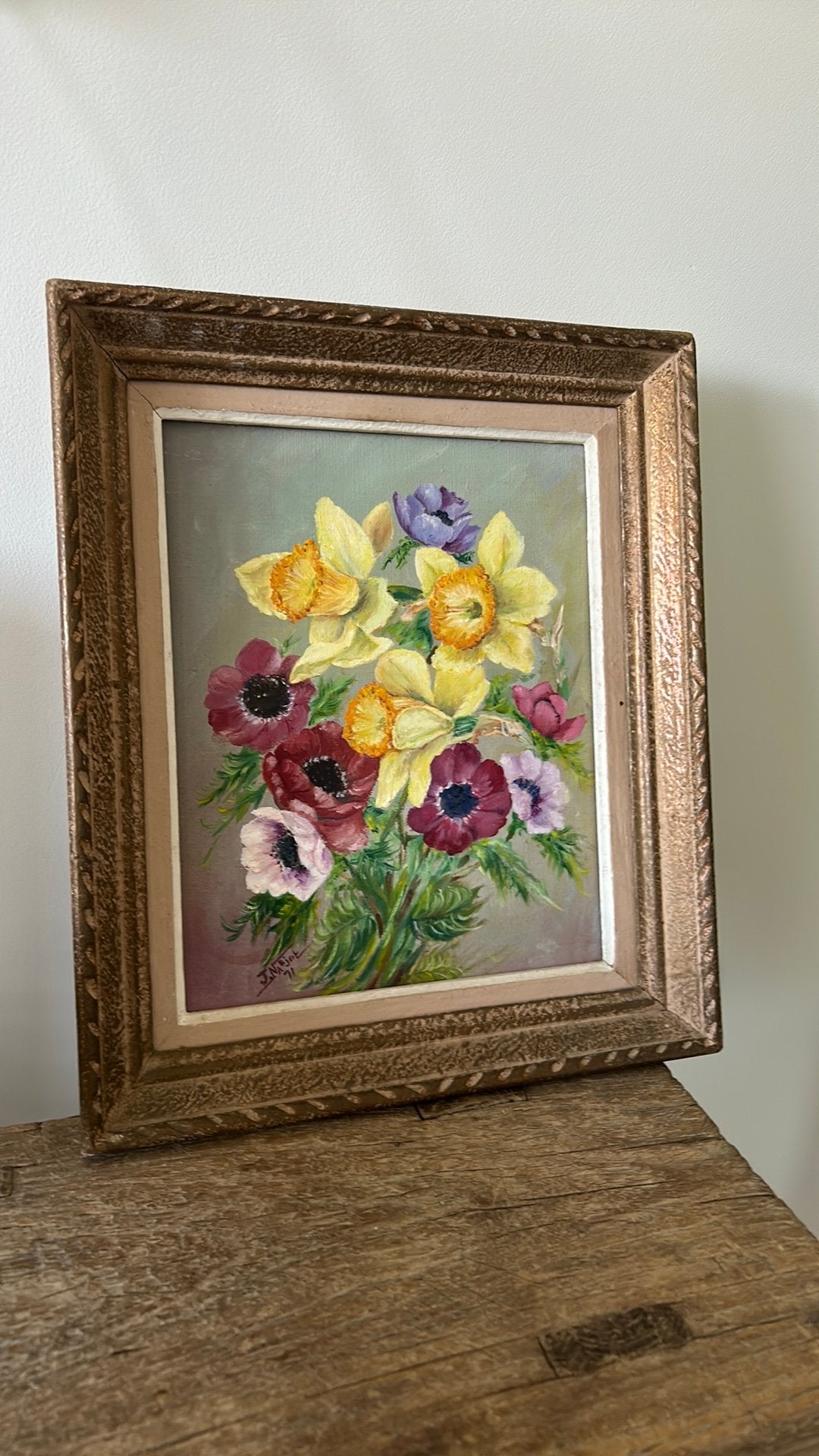 Frans bloemen schilderijtje anemonen etc, Ophalen of Verzenden