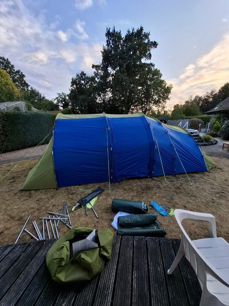 grote fam.tent 7–8 pers.–2 slaapcab., flex.ind.–uitst.staat, Caravans en Kamperen, Tenten, Ophalen, Zo goed als nieuw, Meer dan 6
