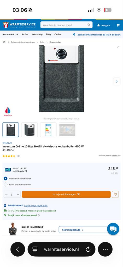 Inventum Q-line 10 liter Hotfill elektrische keukenboiler, Witgoed en Apparatuur, Overige Witgoed en Apparatuur, Nieuw, Ophalen of Verzenden