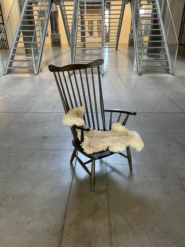 Vintage spijlenstoel fauteuil groen hout jaren 70, Huis en Inrichting, Fauteuils, Ophalen, ., 2de hands, 75 tot 100 cm