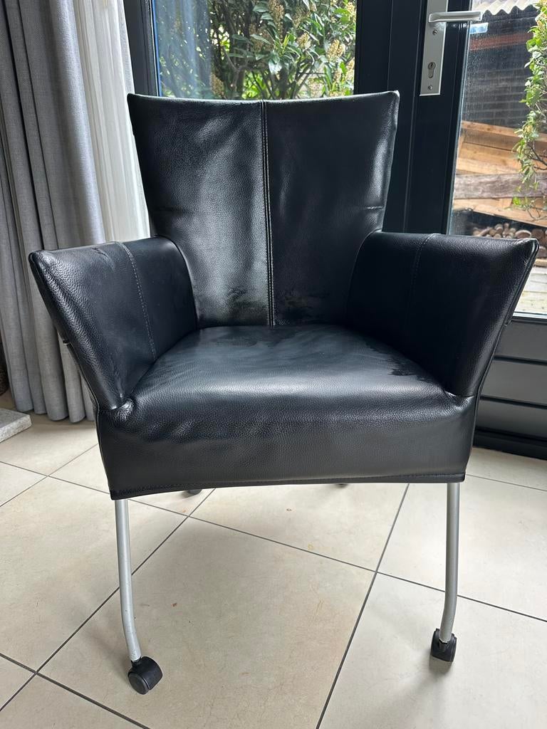 5 Zwarte Lederen Eetkamerstoelen, Huis en Inrichting, Stoelen, Gebruikt, Vijf, Zes of meer stoelen, Leer, Zwart, Ophalen