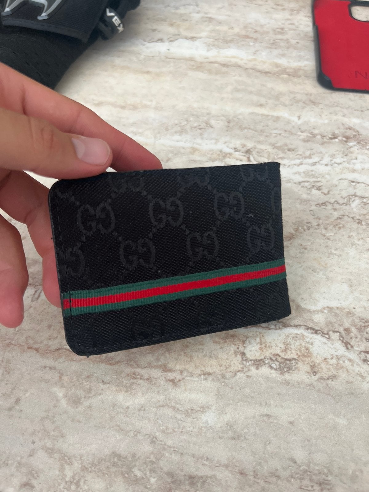 Gucci portemonnee zwart met rood/groene streep, Overige merken, Gebruikt, Zwart, Ophalen of Verzenden