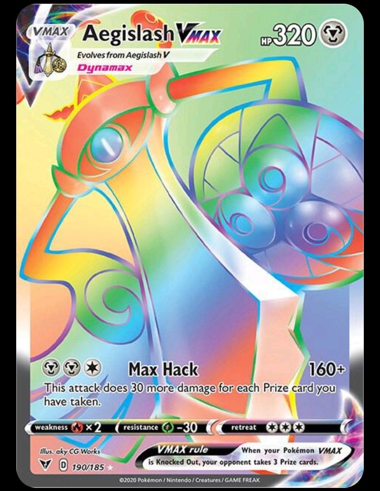 Aegislash Vmax 190/185 secret rare Pokemon kaart, Ophalen of Verzenden, Zo goed als nieuw, Losse kaart, Foil