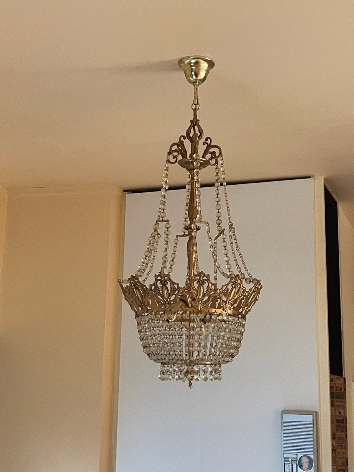 Vintage zakkroonluchter type sac à perles / Empire-stijl, Huis en Inrichting, Lampen | Kroonluchters, Ophalen, Gebruikt, Glas