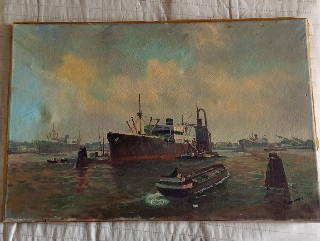 Havengezicht scheepvaart gesigneerd., Ophalen of Verzenden