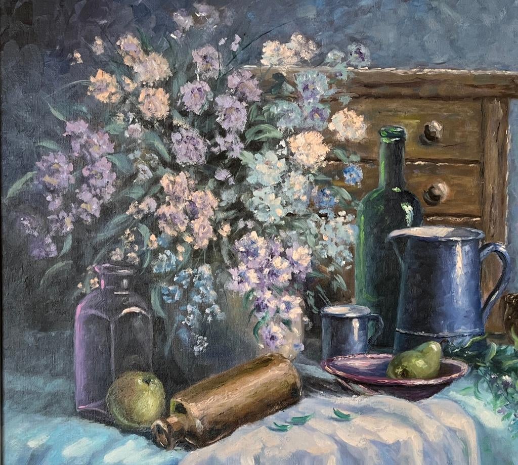 Groot schilderij stilleven kamerinterieur., Ophalen