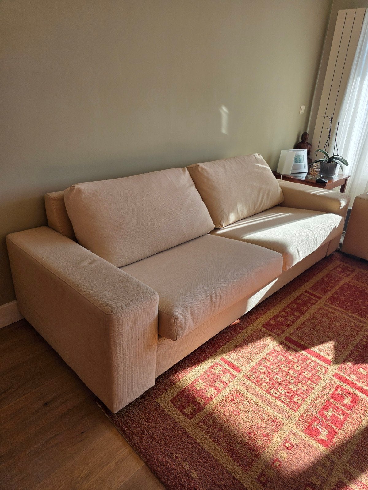 Beige/Zandkleurige Bank 220cm breed, hoezen wasbaar, Ophalen, Gebruikt, Driepersoons, 75 tot 100 cm