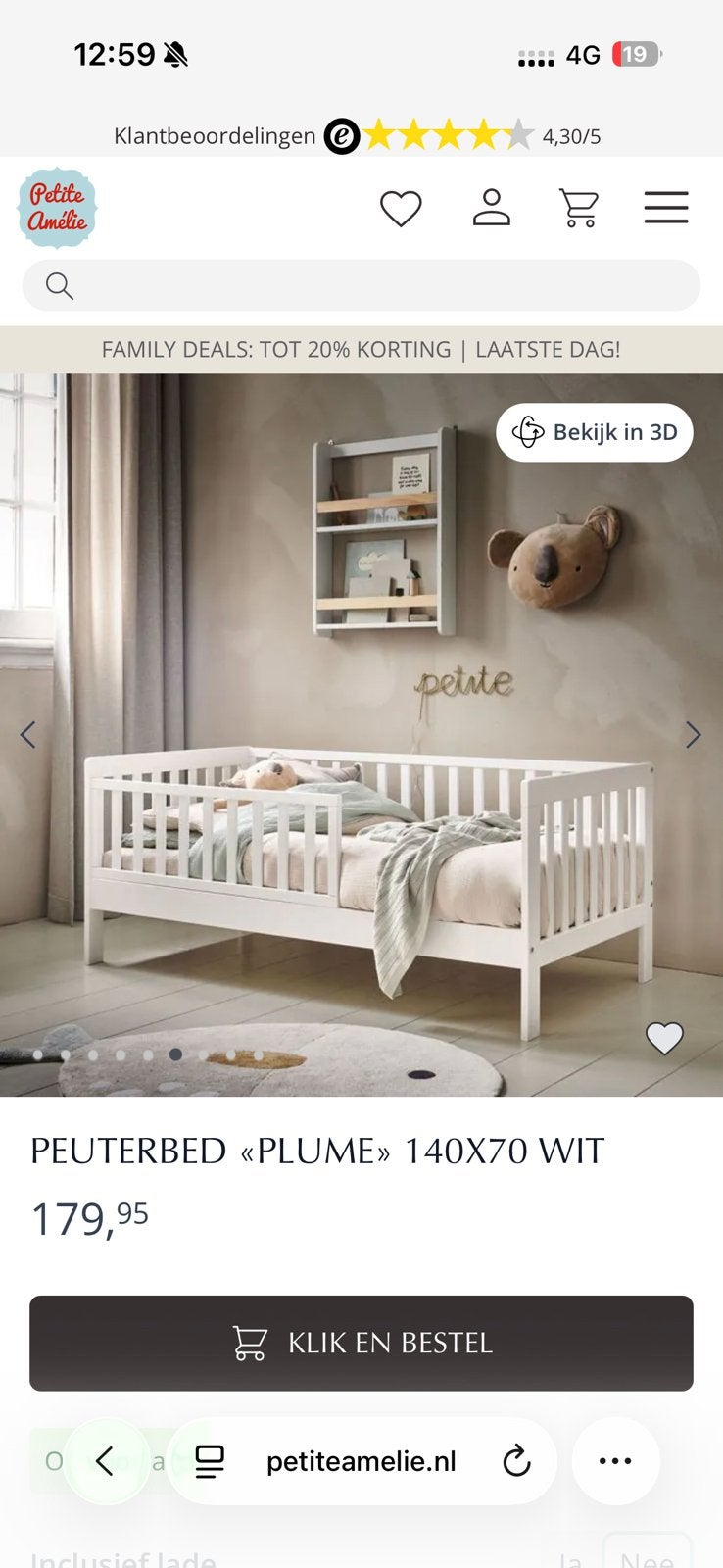 Peuterbed Petit Amelie, Kinderen en Baby's, Ophalen, 70 tot 85 cm, 140 tot 160 cm, Zo goed als nieuw