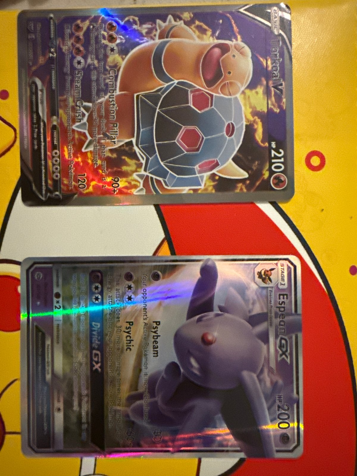 2 mooie Pokemon kaarten - Snorlax V & Espeon GX, Ophalen of Verzenden, Zo goed als nieuw, Meerdere kaarten, Foil