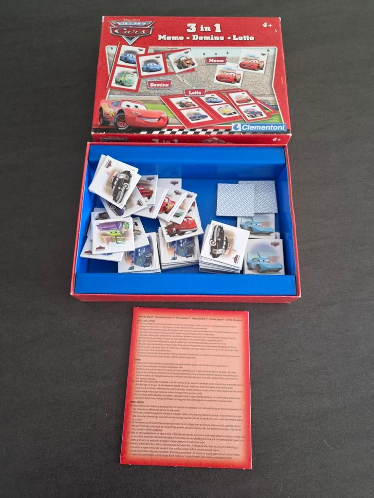 Disney Cars 3-in-1 Spel: Memo, Domino, Lotto, Een of twee spelers, Ophalen of Verzenden, Gebruikt, Clementoni