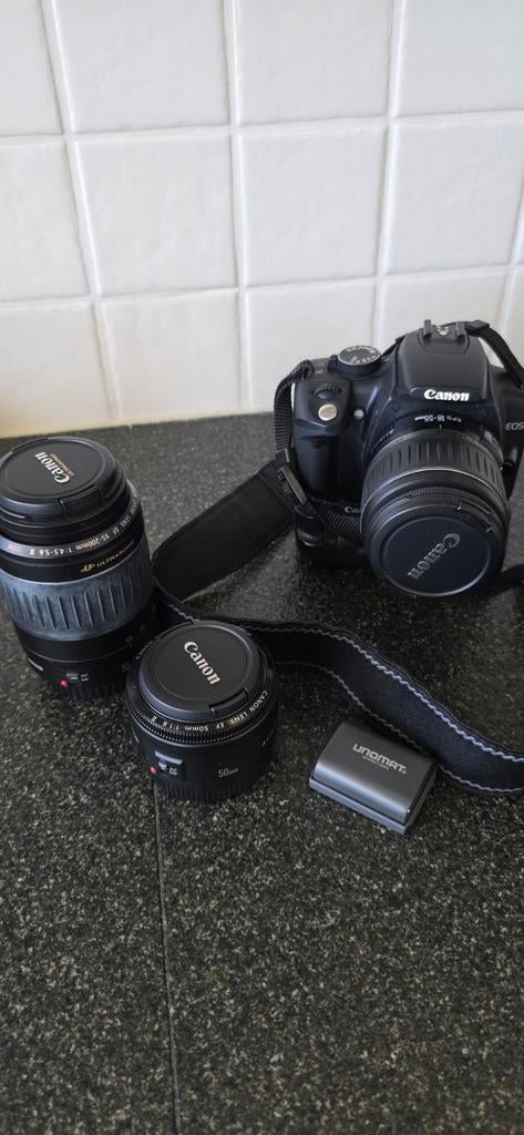 Canon Eos 350D, 3 lenzen, powergrip en 2 accu's,  flash card, Ophalen of Verzenden, Canon