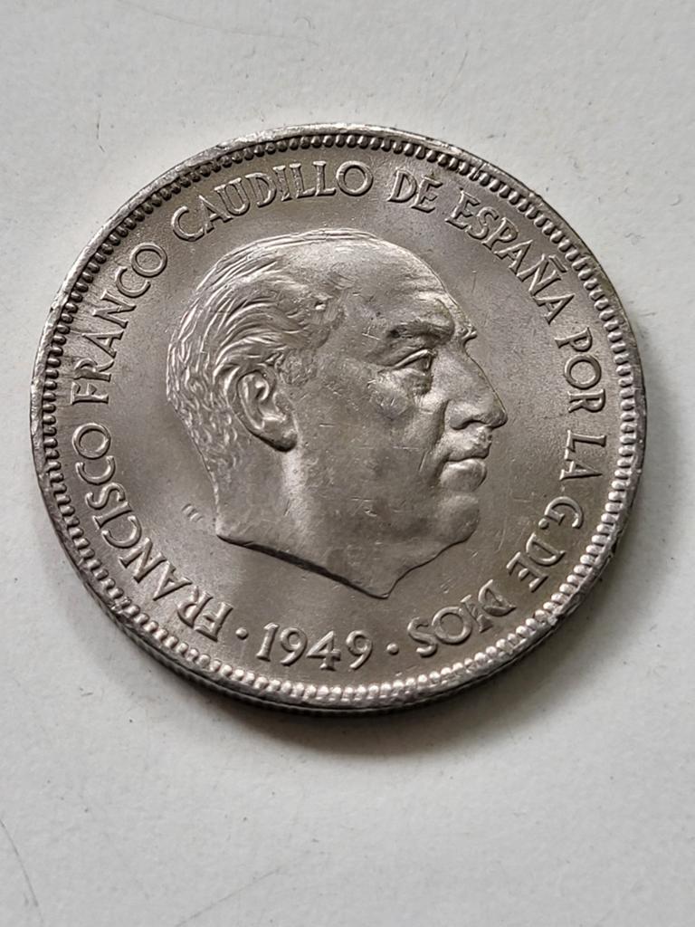Munt Spanje 5 pesetas 1950 (echter jaartal 1949 op de munt!), Ophalen of Verzenden, Overige landen