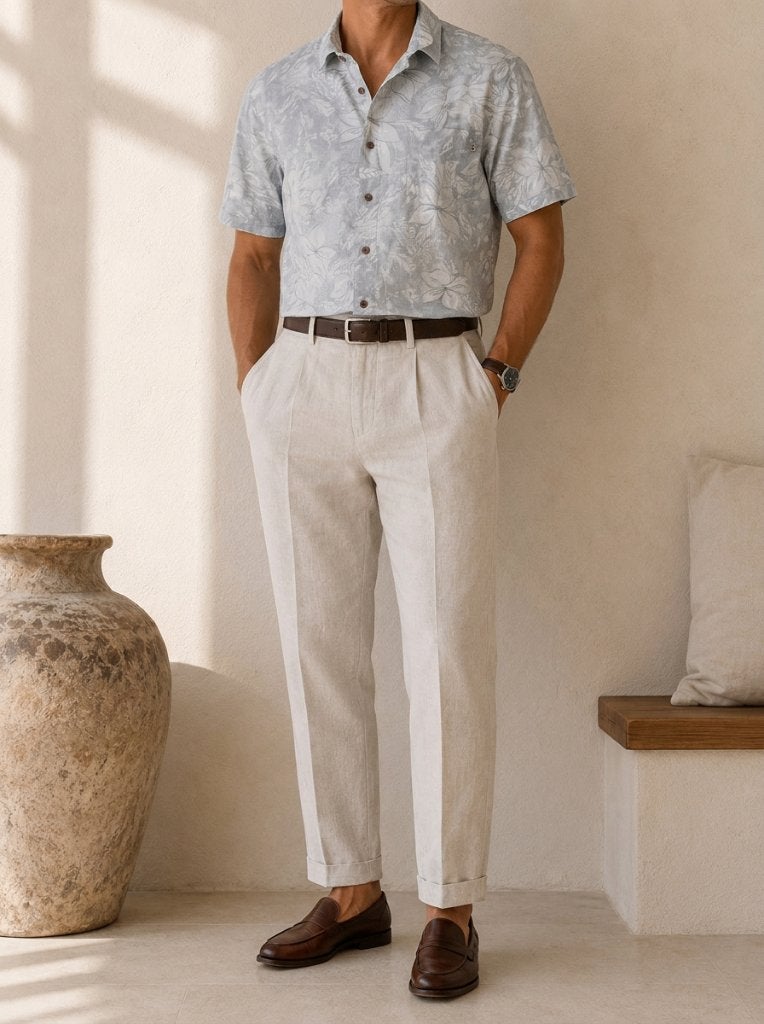 Resort Shirt Light Blue Grey Tropical Floral Print Short, Kleding | Heren, Overhemden, Zo goed als nieuw, Halswijdte 41/42 (L)