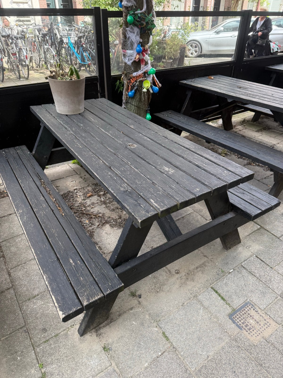 Zwarte houten picknicktafel met banken, Ophalen of Verzenden, Gebruikt, Rechthoekig, Hout