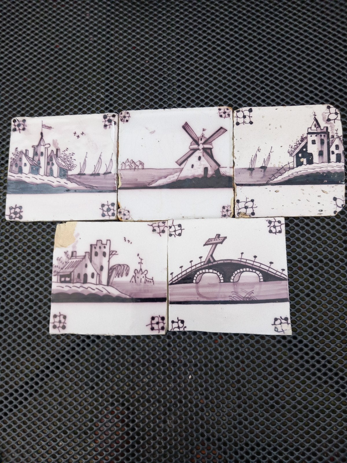 5 antieke tegels landschap mangaan, Ophalen of Verzenden