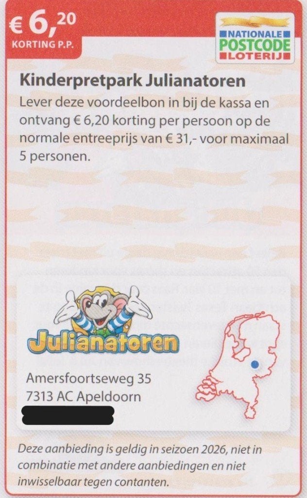 Kinderpretpark Julianatoren, Apeldoorn. € 6,20 korting p.p., Tickets en Kaartjes, Recreatie | Pretparken en Attractieparken, Drie personen of meer