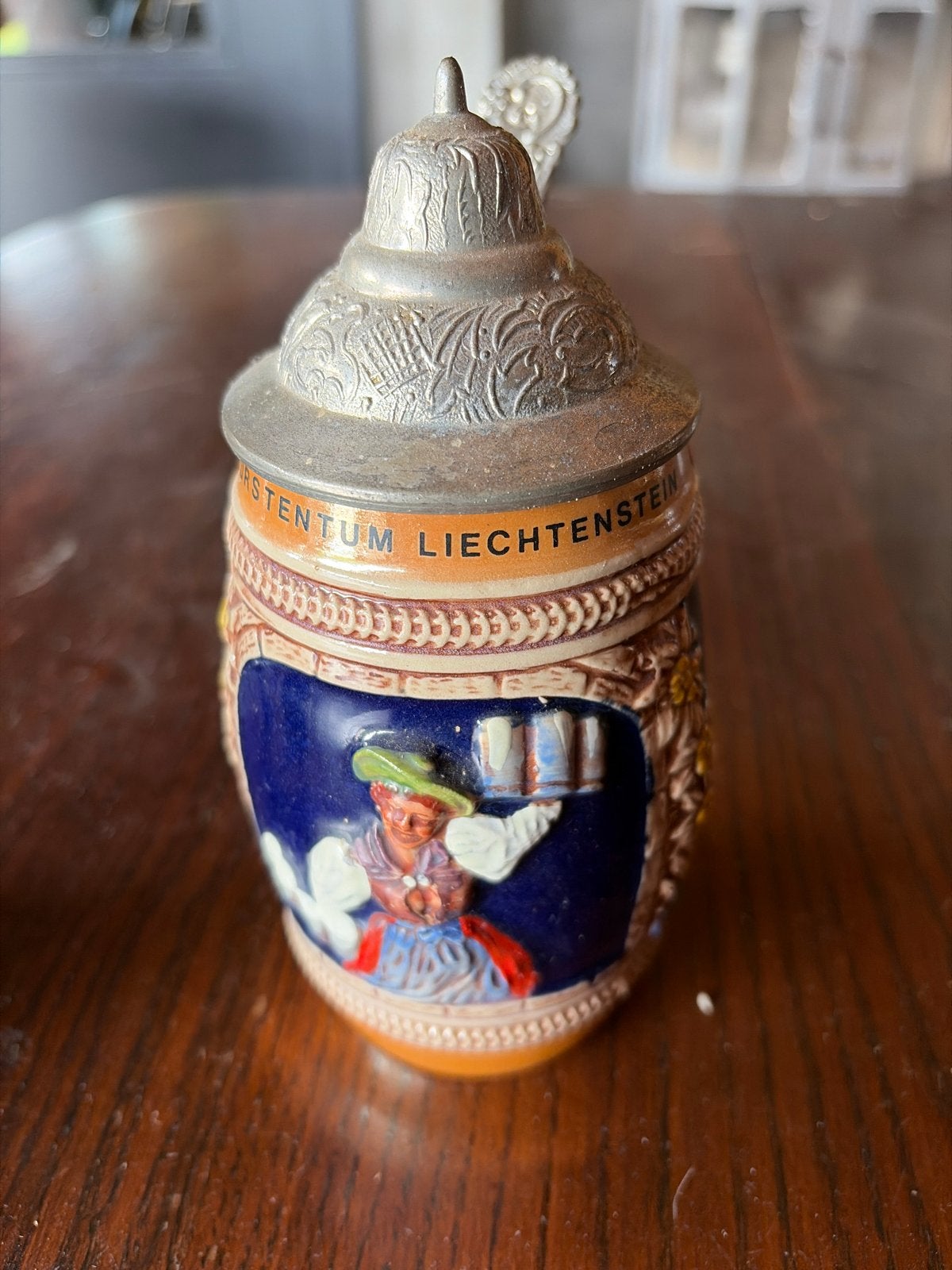 Vintage Bierpul Liechtenstein met tinnen deksel, Ophalen of Verzenden