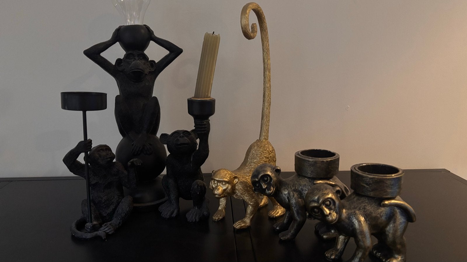 Home decor apen, set van verschillende apen beelden, Ophalen, Gebruikt, Metaal, Kandelaar