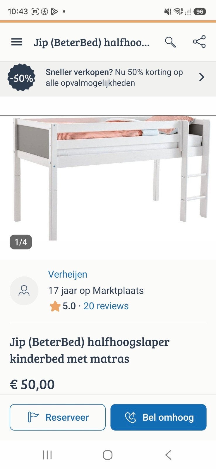 Jip (BeterBed) halfhoogslaper kinderbed met matras, Ophalen, Hoogslaper of Stapelbed, Gebruikt, 70 tot 85 cm