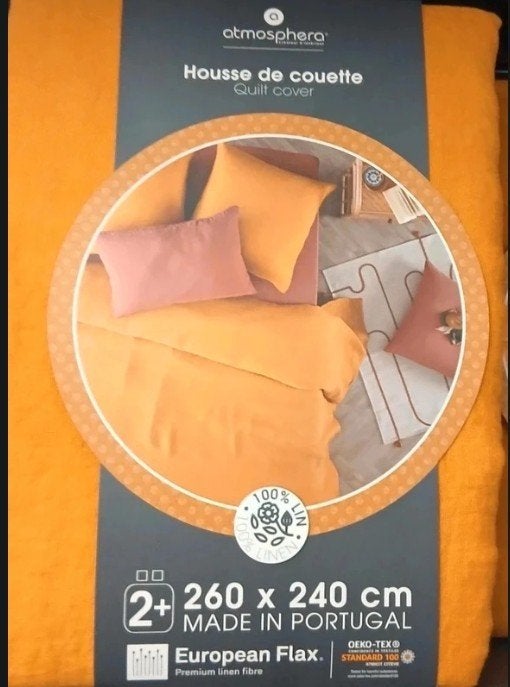 100% linnen dekbedovertrek 260x240 Oker, Huis en Inrichting, Slaapkamer | Beddengoed, Ophalen of Verzenden, Geel, Dekbedovertrek