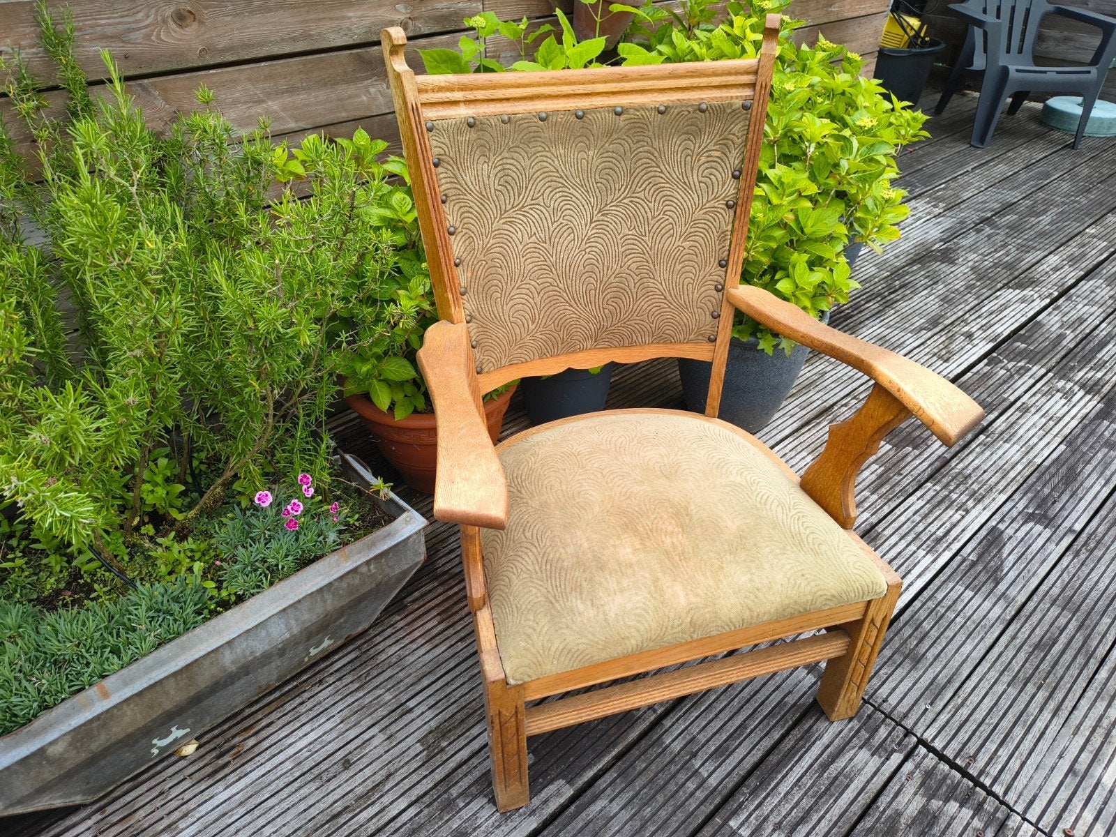 Vintage Eikenhouten Fauteuil met Gestoffeerde Zitting, Ophalen