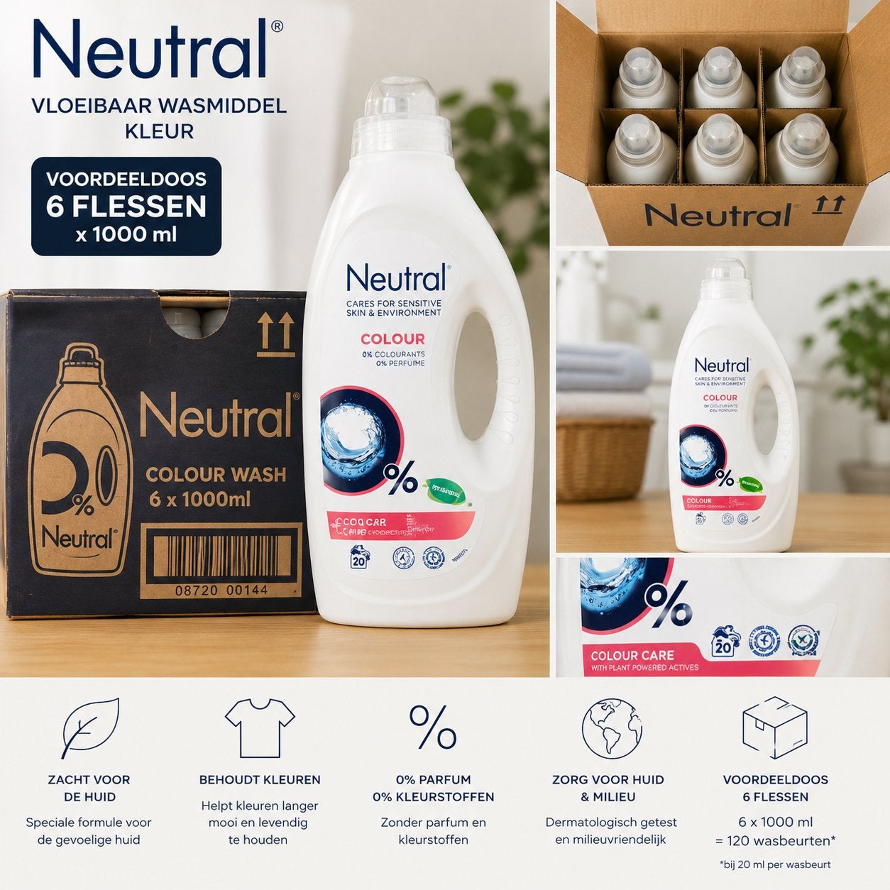 Neutral Vloeibaar Wasmiddel Kleur - Voordeeldoos 6x1000ml, Huis en Inrichting, Ophalen of Verzenden, Schoonmaakmiddel