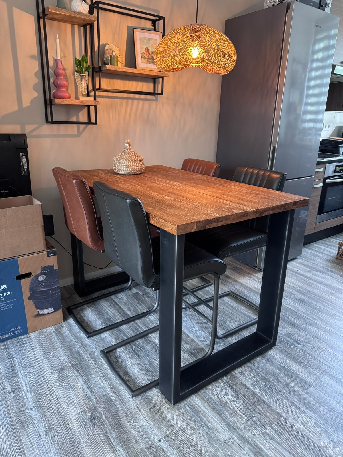 Teakhouten (bar)eethoek met 4 barstoelen, Ophalen, Gebruikt, 4 tot 6 stoelen