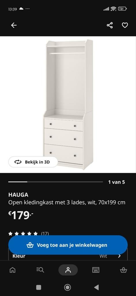 IKEA Hauga open kledingkast met 3 lades, wit, Ophalen, Modern, Scandinavisch, 50 tot 100 cm, Zo goed als nieuw