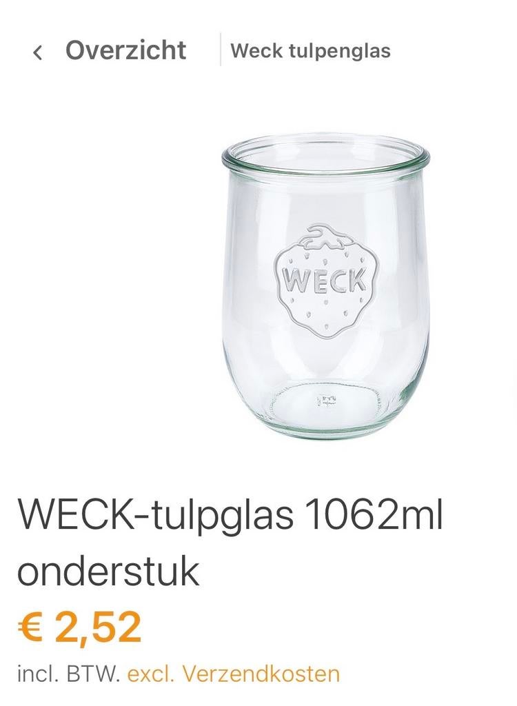 Weck Tulpenglas 1062ml - Onderstuk - 10 stuks, Glas, Nieuw, Ophalen of Verzenden, Voorraadpot