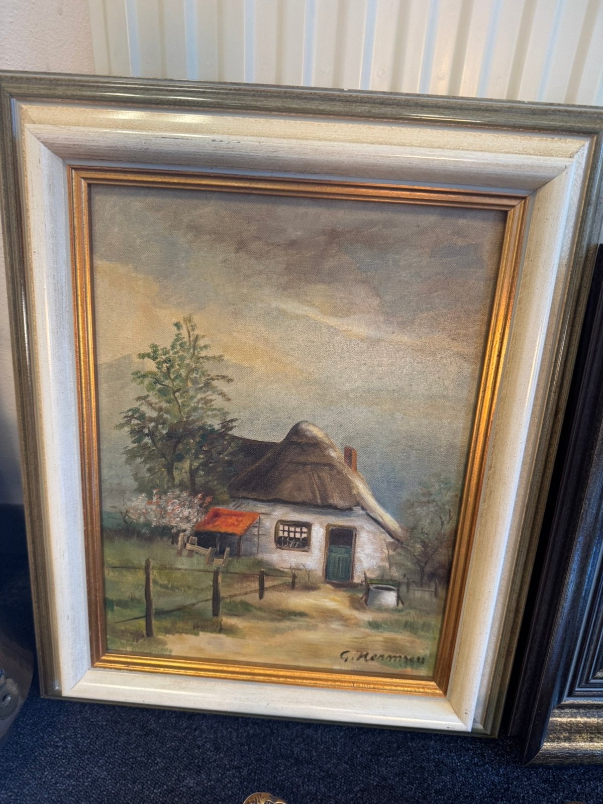 Gesigneerd schilderij boerderij met rieten dak 43x53 cm, Antiek en Kunst, Ophalen of Verzenden