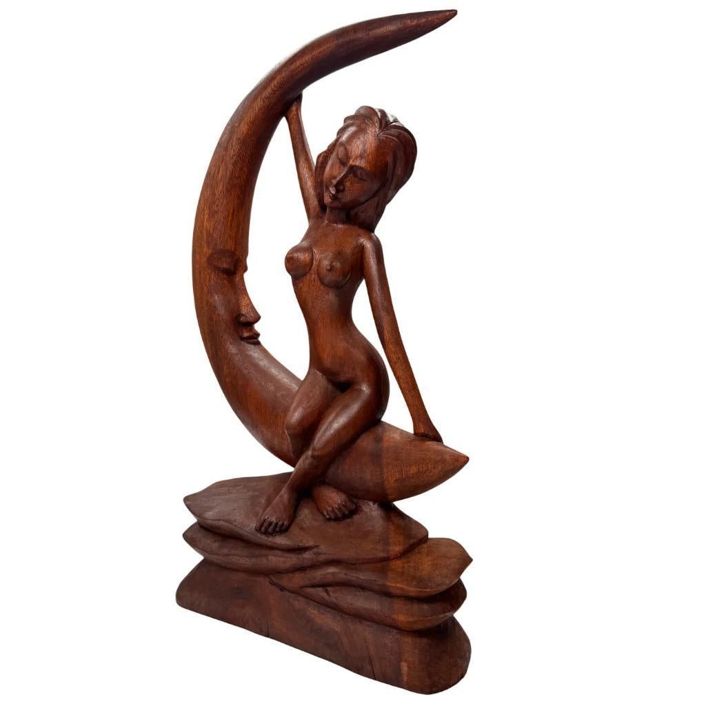 Handgesneden houten beeld – Erotische dame op maan, Ophalen of Verzenden